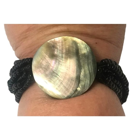 Handmade Jewelry - Chunky Handmade Abalone Disc Multi Strand Boho Stretch Bracelet Pony Beads